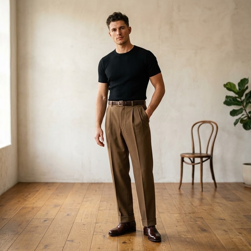 Kaiser Design Germany Pleated Wool Trousers Size 34L/98 Brown Cuffed Old Money